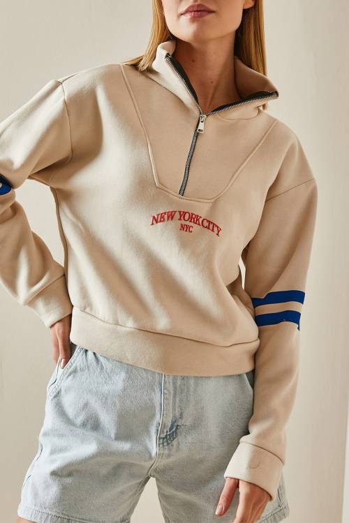 Krem Fermuar Detaylı Baskılı Sweatshirt 4KXK8-47608-22 - 1