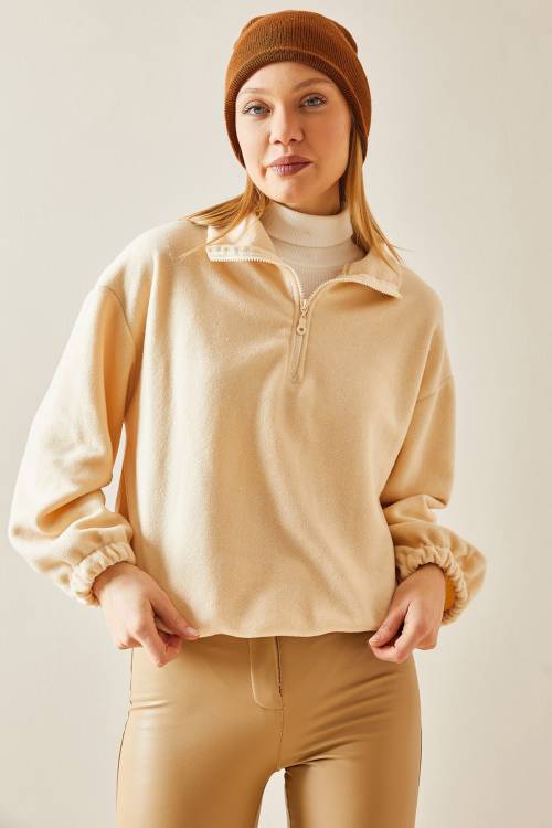 Krem Fermuarlı Dik Yaka Polar Sweatshirt 4KXK8-47854-22 - 6