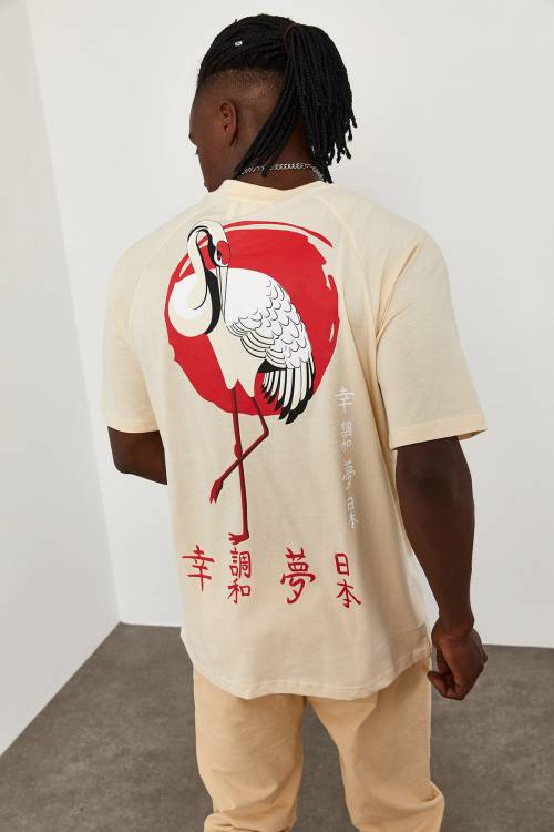 Krem Flamingo Baskılı Oversize Tişört 1KXE1-44663-22 - 1
