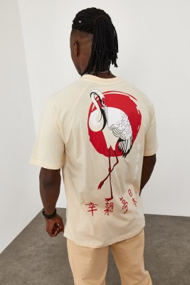 Krem Flamingo Baskılı Oversize Tişört 1KXE1-44663-22 - 7