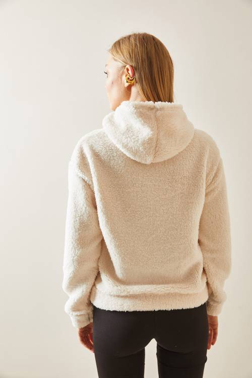 Krem Kanguru Cepli & Kapüşonlu Peluş Sweatshirt 4KXK8-47856-22 - 6