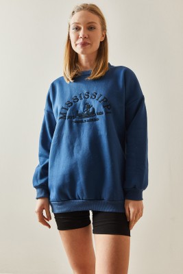 Lacivert Bisiklet Yaka & Şardonlu Oversize Sweatshirt 4KXK8-47711-14 - 2