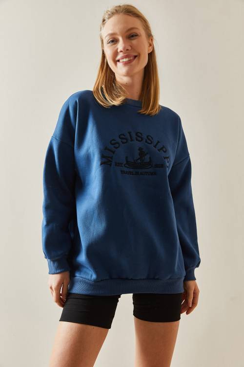 Lacivert Bisiklet Yaka & Şardonlu Oversize Sweatshirt 4KXK8-47711-14 - 3