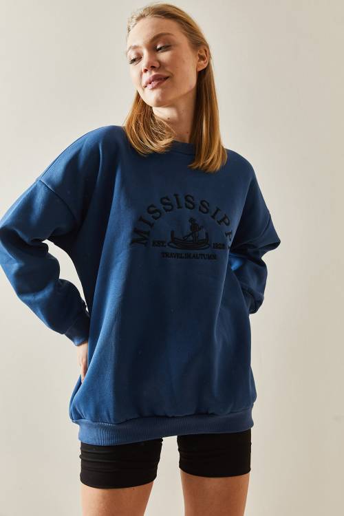 Lacivert Bisiklet Yaka & Şardonlu Oversize Sweatshirt 4KXK8-47711-14 - 5