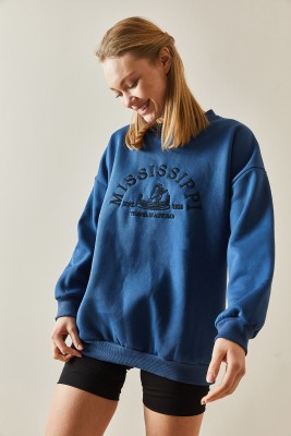 Lacivert Bisiklet Yaka & Şardonlu Oversize Sweatshirt 4KXK8-47711-14 - 6