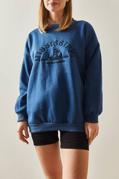 Lacivert Bisiklet Yaka & Şardonlu Oversize Sweatshirt 4KXK8-47711-14 - 1