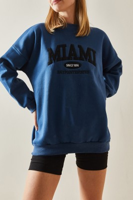 Lacivert Bisiklet Yaka & Şardonlu Oversize Sweatshirt 4KXK8-47718-14 