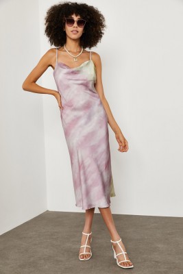 Lila Batik Desenli Saten Elbise 1YXK6-45004-26 