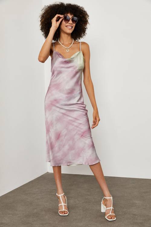 Lila Batik Desenli Saten Elbise 1YXK6-45004-26 - 2