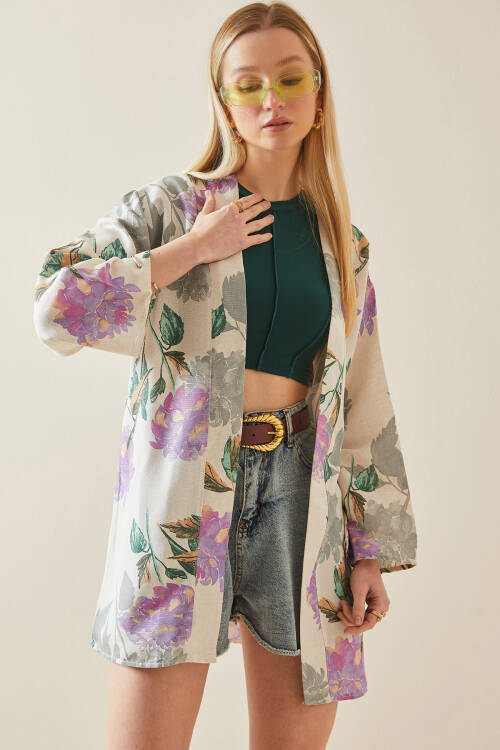 Lila Çiçek Desenli Oversize Kimono 5YXK4-48061-26 - 3