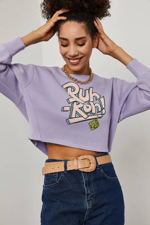 Lila Yazı Detaylı Crop Sweatshirt 3KXK8-46739-26 - 1