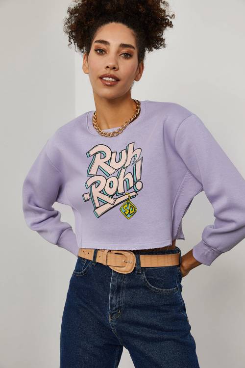 Lila Yazı Detaylı Crop Sweatshirt 3KXK8-46739-26 - 5