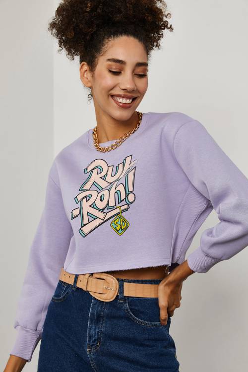 Lila Yazı Detaylı Crop Sweatshirt 3KXK8-46739-26 - 6