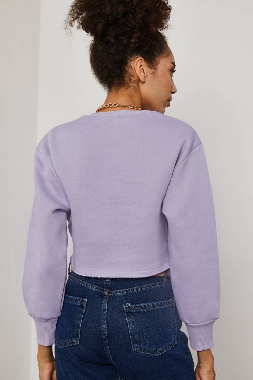 Lila Yazı Detaylı Crop Sweatshirt 3KXK8-46739-26 - 8