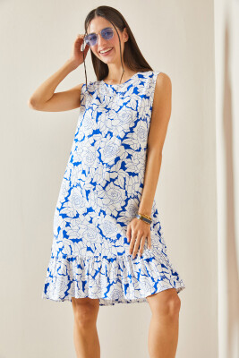 Mavi Çiçek Desenli Kalın Askılı Midi Elbise 5YXK6-48420-12 - 4