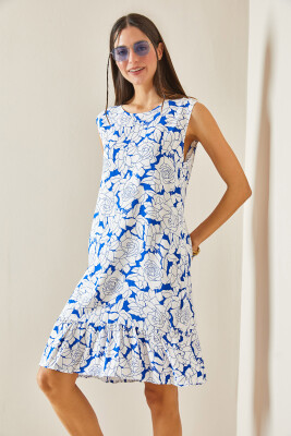 Mavi Çiçek Desenli Kalın Askılı Midi Elbise 5YXK6-48420-12 - 5