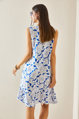 Mavi Çiçek Desenli Kalın Askılı Midi Elbise 5YXK6-48420-12 - 6