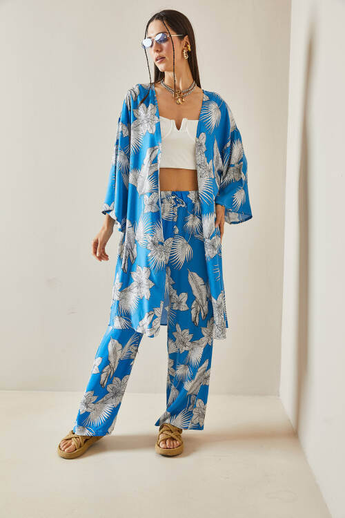 Mavi Çiçek Desenli Kimono Takım 5YXK8-48600-12 - 4