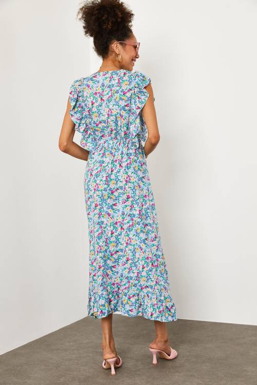 Mavi Çiçekli Fırfırlı Elbise 2YXK6-46161-12 - 7