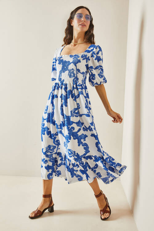 Mavi Desenli Gipe Detaylı Etek Ucu Fırfırlı Örme Elbise 5YXK6-48509-12 - 2