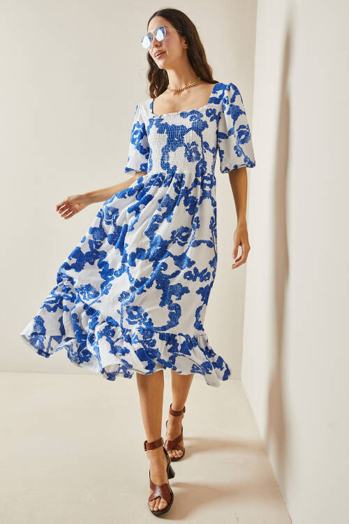 Mavi Desenli Gipe Detaylı Etek Ucu Fırfırlı Örme Elbise 5YXK6-48509-12 - 4