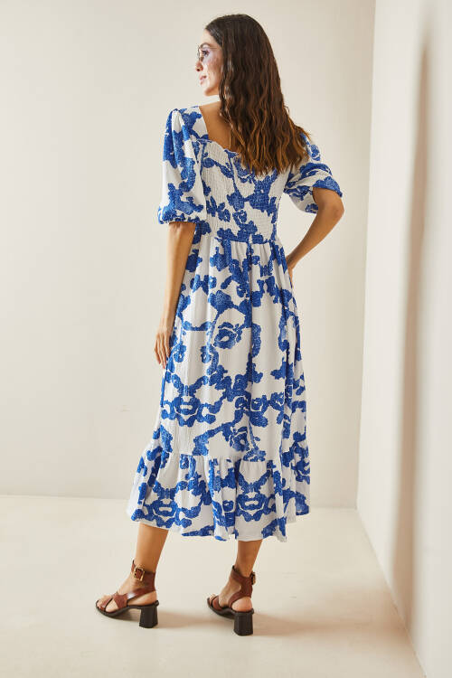 Mavi Desenli Gipe Detaylı Etek Ucu Fırfırlı Örme Elbise 5YXK6-48509-12 - 6