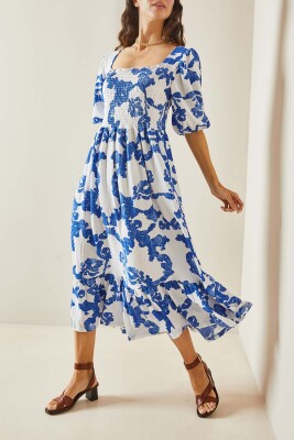Mavi Desenli Gipe Detaylı Etek Ucu Fırfırlı Örme Elbise 5YXK6-48509-12 - XHAN