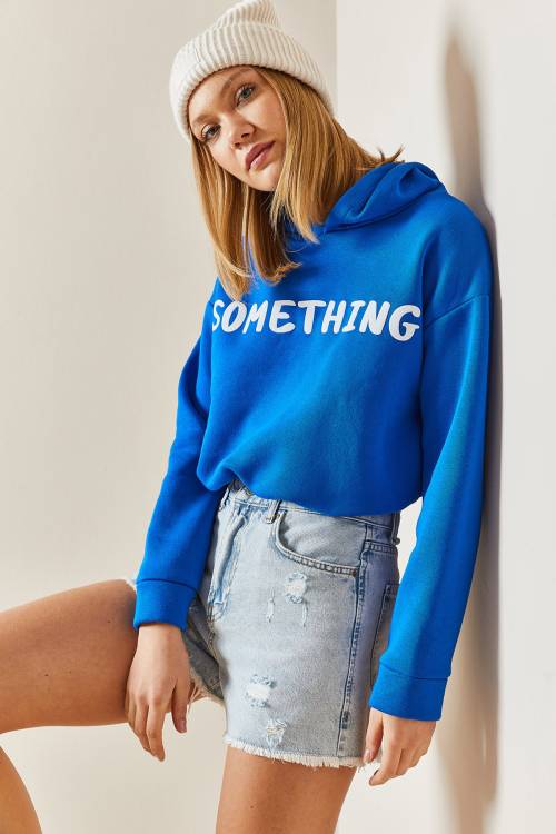 Mavi Kapüşonlü & Yazılı Crop Sweatshirt 4KXK8-47744-12 - 2