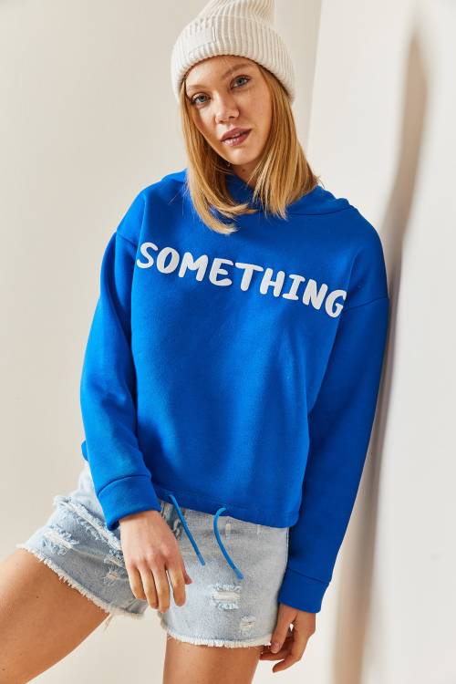 Mavi Kapüşonlü & Yazılı Crop Sweatshirt 4KXK8-47744-12 - 4