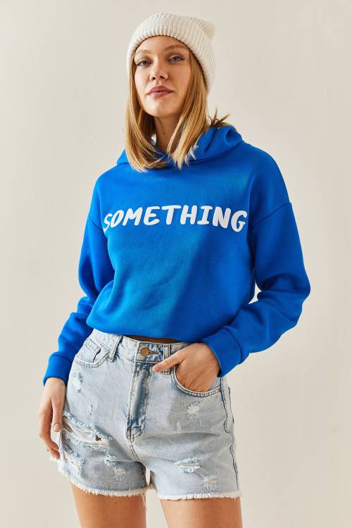 Mavi Kapüşonlü & Yazılı Crop Sweatshirt 4KXK8-47744-12 - 5