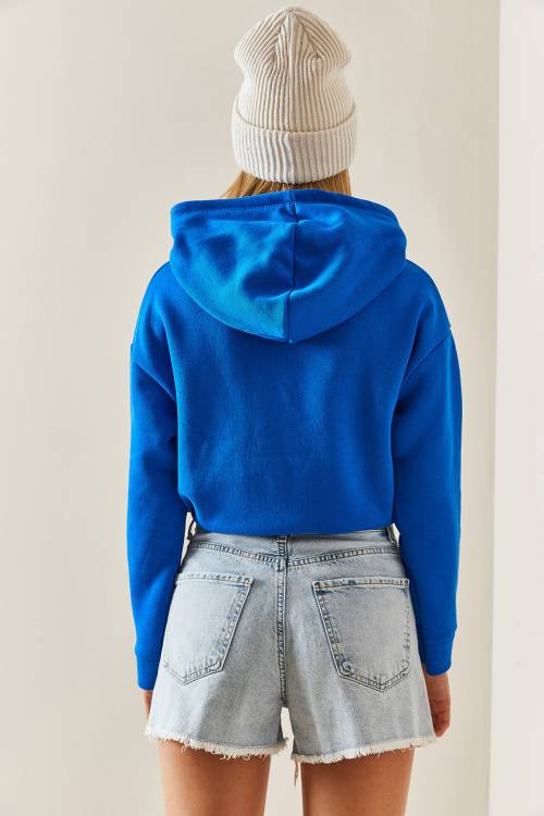 Mavi Kapüşonlü & Yazılı Crop Sweatshirt 4KXK8-47744-12 - 8
