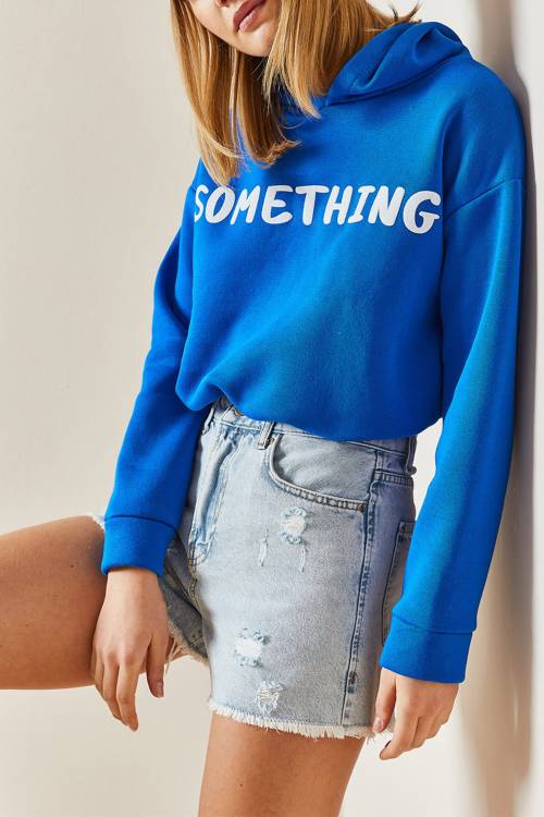 Mavi Kapüşonlü & Yazılı Crop Sweatshirt 4KXK8-47744-12 - 1