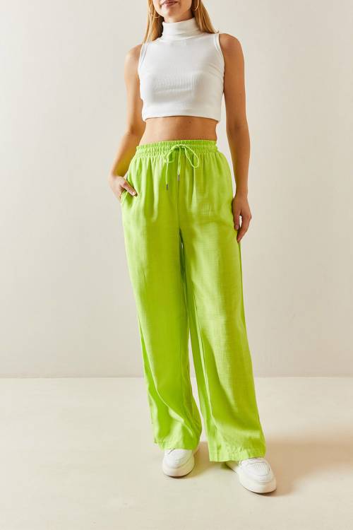 Neon Yeşili Bol Paça Keten Pantolon 3YXK5-46995-41 - 1