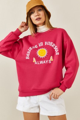 Pembe Baskılı Bisiklet Yaka Sweatshirt 3KXK8-46638-20 - 2