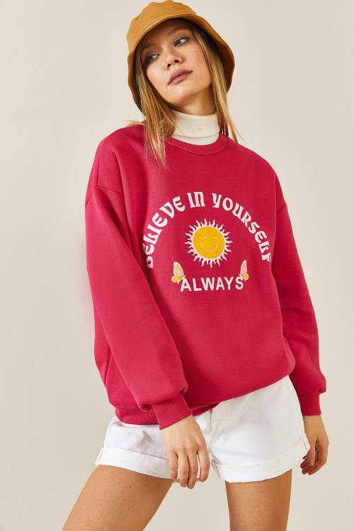 Pembe Baskılı Bisiklet Yaka Sweatshirt 3KXK8-46638-20 - 3