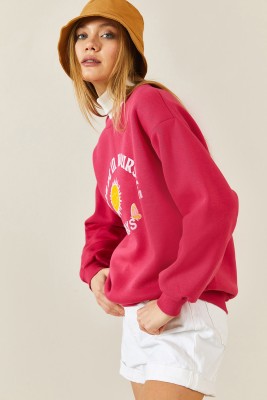 Pembe Baskılı Bisiklet Yaka Sweatshirt 3KXK8-46638-20 - 5