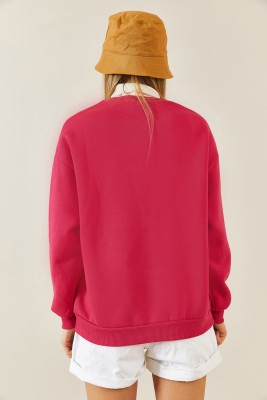 Pembe Baskılı Bisiklet Yaka Sweatshirt 3KXK8-46638-20 - 8