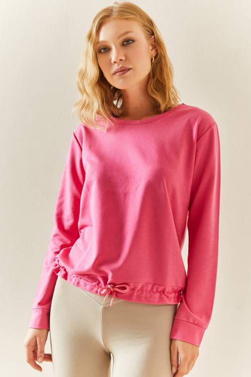 Pembe Bisiklet Yaka Büzgülü Sweatshirt 3YXK8-47547-20 - 3