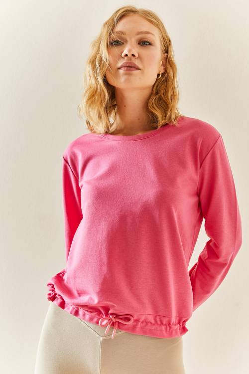 Pembe Bisiklet Yaka Büzgülü Sweatshirt 3YXK8-47547-20 - 6