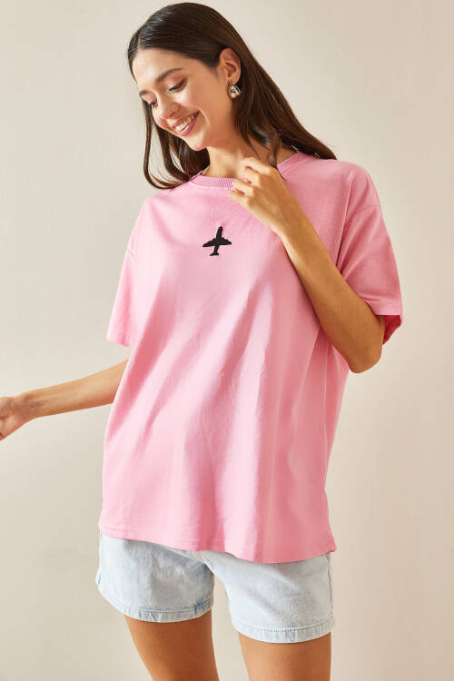 Pembe Bisiklet Yaka Yazılı Oversize Tshirt 5YXK1-48701-20 - 2