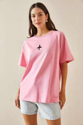 Pembe Bisiklet Yaka Yazılı Oversize Tshirt 5YXK1-48701-20 - 3