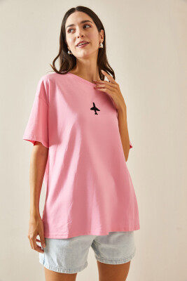 Pembe Bisiklet Yaka Yazılı Oversize Tshirt 5YXK1-48701-20 - 4