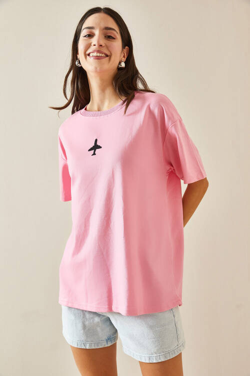 Pembe Bisiklet Yaka Yazılı Oversize Tshirt 5YXK1-48701-20 - 5