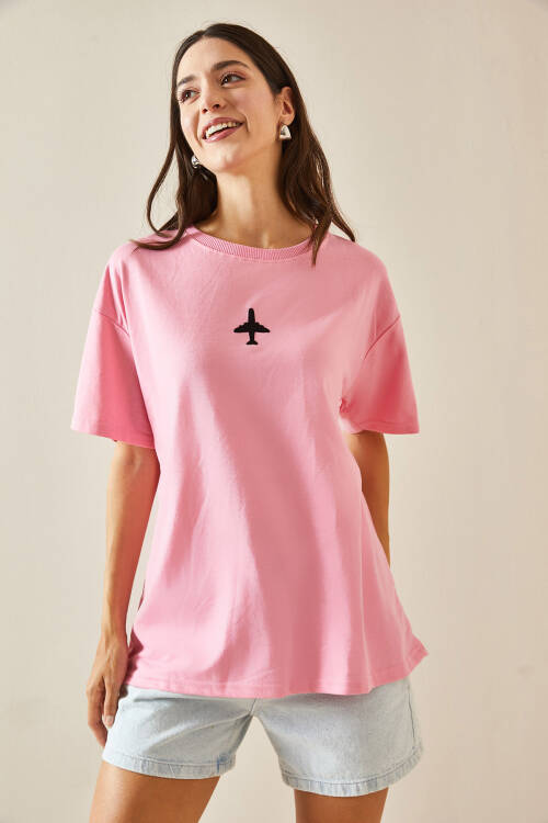 Pembe Bisiklet Yaka Yazılı Oversize Tshirt 5YXK1-48701-20 - 6