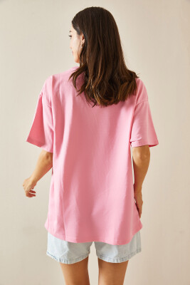 Pembe Bisiklet Yaka Yazılı Oversize Tshirt 5YXK1-48701-20 - 7