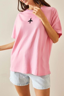 Pembe Bisiklet Yaka Yazılı Oversize Tshirt 5YXK1-48701-20 - 1