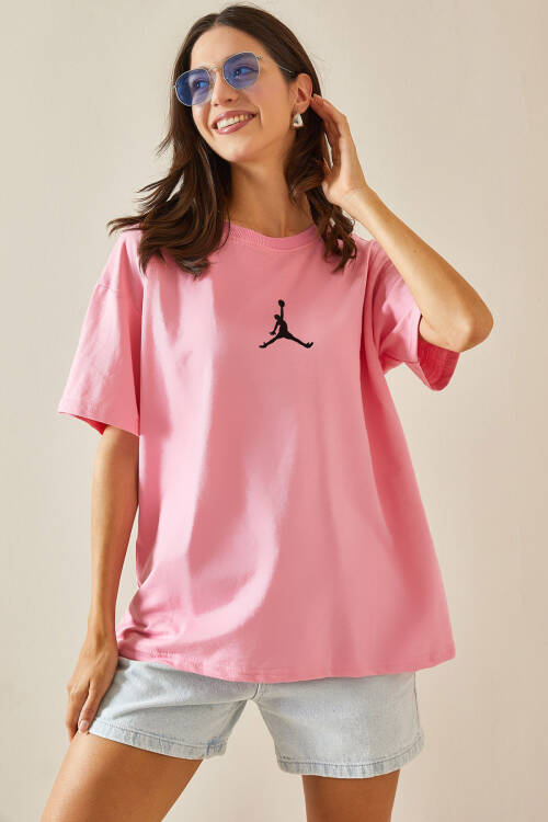 Pembe Bisiklet Yaka Yazılı Oversize Tshirt 5YXK1-48702-20 - 2