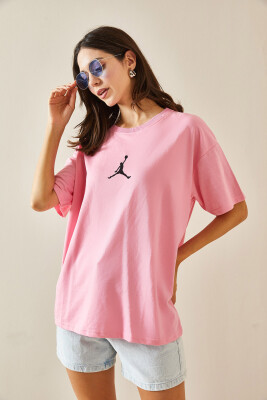 Pembe Bisiklet Yaka Yazılı Oversize Tshirt 5YXK1-48702-20 - 3