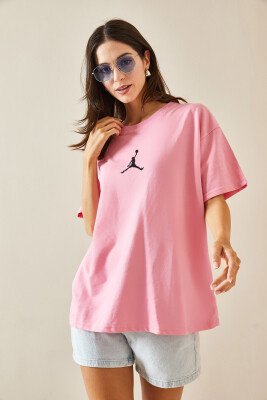 Pembe Bisiklet Yaka Yazılı Oversize Tshirt 5YXK1-48702-20 - 4