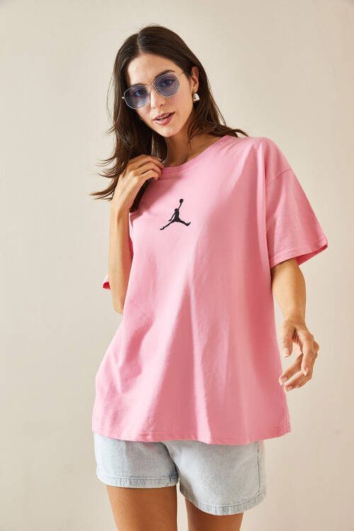 Pembe Bisiklet Yaka Yazılı Oversize Tshirt 5YXK1-48702-20 - 4